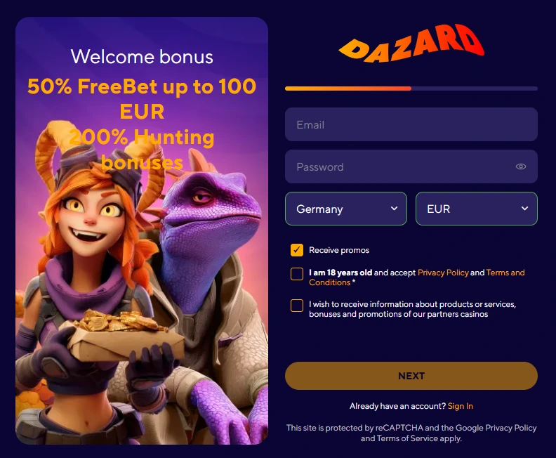 Anmeldung bei dazard casino.